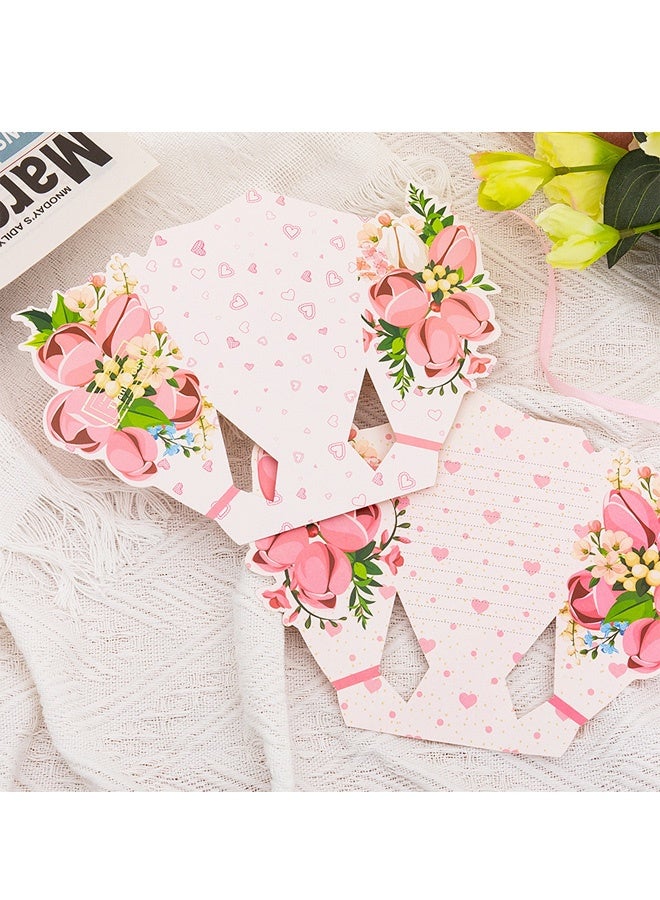 أربع بطاقات معايدة على شكل باقة زهور، بطاقات ملاحظات فارغة ثلاثية الأبعاد رائعة مزينة بشرائط فيونكة، بطاقات هدايا يدوية الصنع قابلة للطي على شكل زهور، بطاقات شكر للأحبة والأمهات والأصدقاء - Image 5