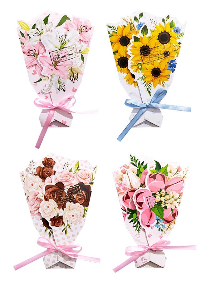 أربع بطاقات معايدة على شكل باقة زهور، بطاقات ملاحظات فارغة ثلاثية الأبعاد رائعة مزينة بشرائط فيونكة، بطاقات هدايا يدوية الصنع قابلة للطي على شكل زهور، بطاقات شكر للأحبة والأمهات والأصدقاء - Image 1