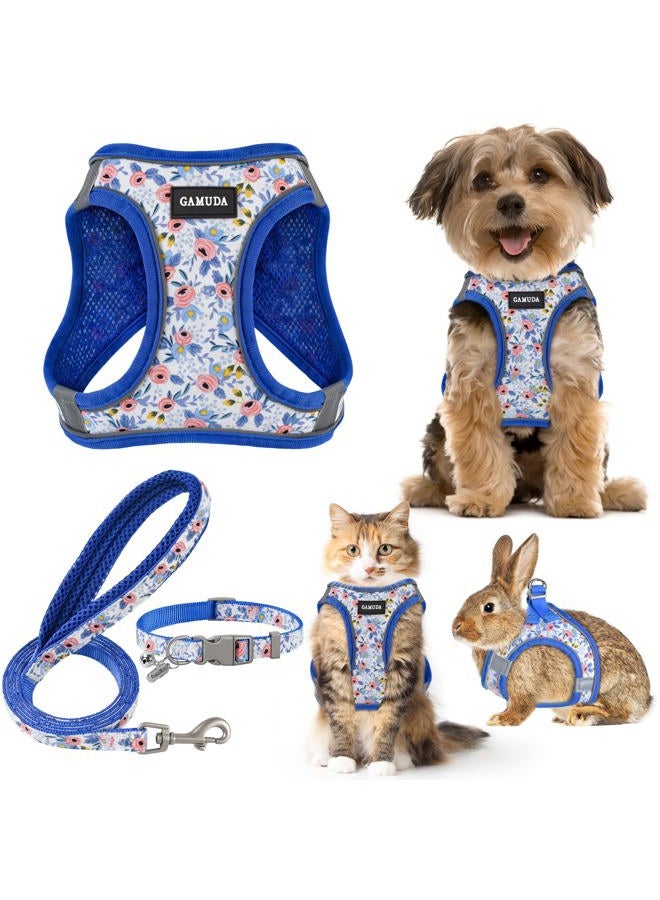GAMUDA Small Dog Harness Collar and Leash Set, Step in No Chock No Pull Soft Mesh Adjustable Dog Vest Harnesses Plaid Reflective for Dogs Puppy Cats Kitten Rabbit (Blue Flower, L) - Image 1