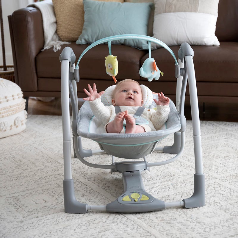 Ingenuity Swing 'n Go 5-Speed Baby Swing - Foldable, Portable, 2 Plush Toys & Sounds, 0-9 Months 6-20 lbs (Hugs & Hoots) - Image 3