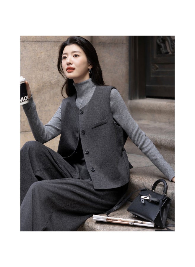 dme Demana Winter Round Neck Sleeveless Short Top Waist-cinching Vest Wide-leg Pants Women's Two-piece Set - Image 4