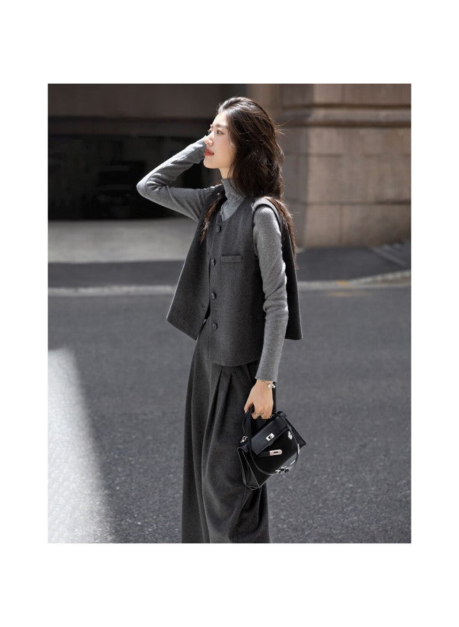 dme Demana Winter Round Neck Sleeveless Short Top Waist-cinching Vest Wide-leg Pants Women's Two-piece Set - Image 1