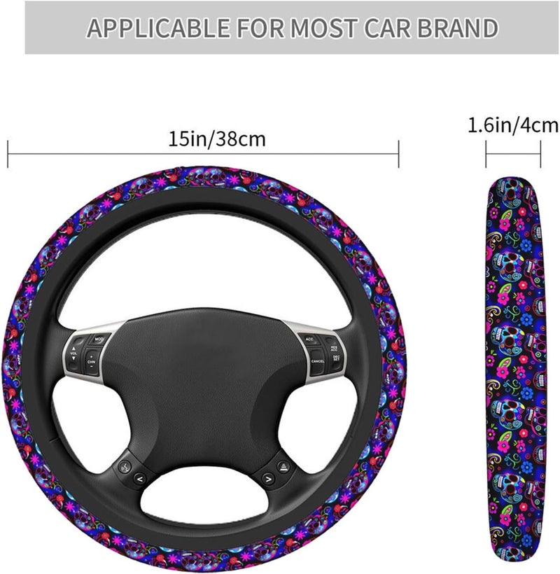 Swono Sugar Skull Steering Wheel Cover Abstract Purple Sugar Skull and Paisley Flower Skull Anti-Slip Car Wheel Wrap Compatible with Most Auto Cars Trucks with 15 Inch Steering Wheels - Image 3
