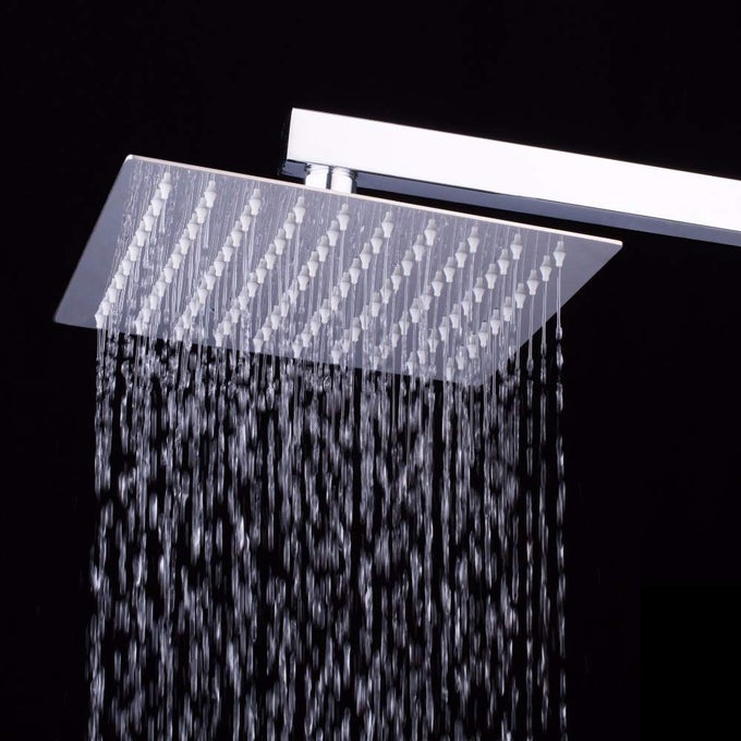10X10 ULTRA SLIM SQUARE RAIN SHOWER STAINLESS STEEL 10 INCHES 25 CM FOR BATHROOM WITH 9 INCHES LONG STEEL SHOWER ARM SILVER CHROME FINISH