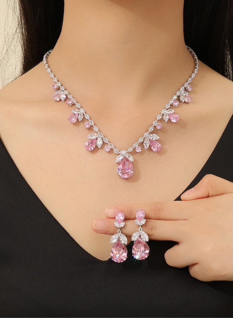 High-End Luxury Handcrafted Pink Zircon Floral Necklace earring Jewelry Suite  Elegant Necklace & Earrings Set for women perfect for Wedding& Evening Wear & Special Occasions  - Image 1