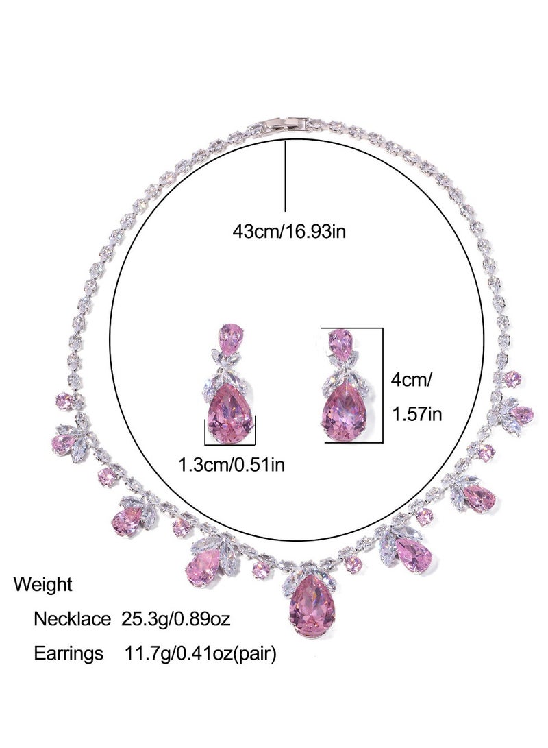 High-End Luxury Handcrafted Pink Zircon Floral Necklace earring Jewelry Suite  Elegant Necklace & Earrings Set for women perfect for Wedding& Evening Wear & Special Occasions  - Image 2
