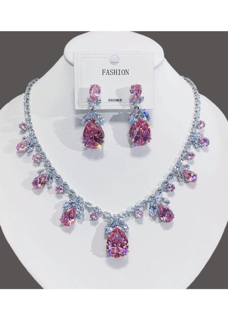 High-End Luxury Handcrafted Pink Zircon Floral Necklace earring Jewelry Suite  Elegant Necklace & Earrings Set for women perfect for Wedding& Evening Wear & Special Occasions  - Image 3