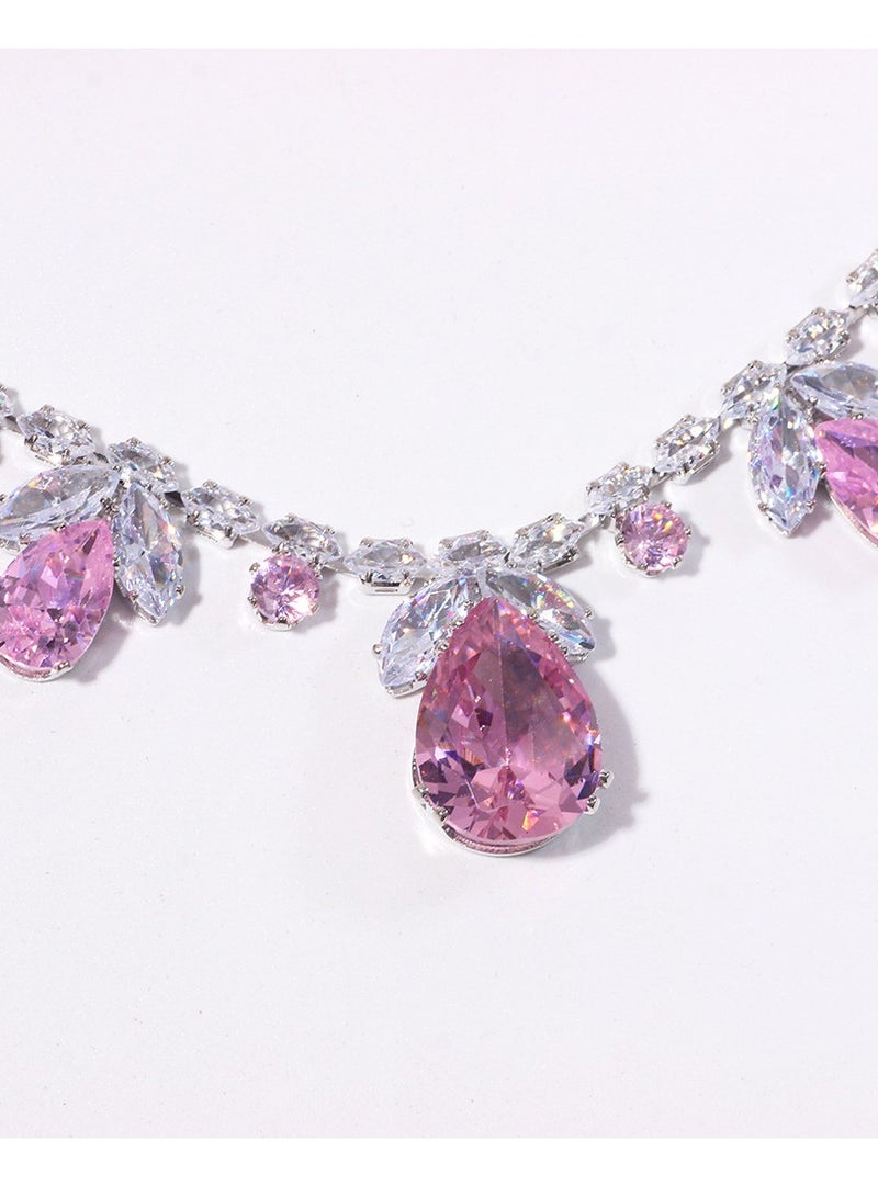 High-End Luxury Handcrafted Pink Zircon Floral Necklace earring Jewelry Suite  Elegant Necklace & Earrings Set for women perfect for Wedding& Evening Wear & Special Occasions  - Image 4