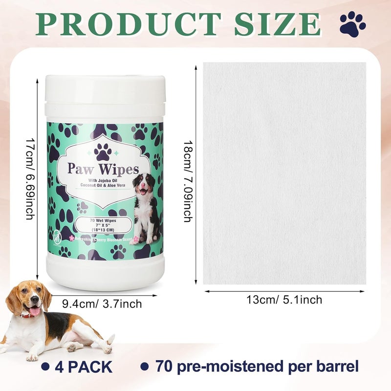 Dimsile 4 Pack Dog Wipes for Paws 5 x 7 Inches Ultra Soft Cotton with Cherry Blossom Scent Gentle Cleansing Pet Wipes for Fresh Smelling Dog After Walks, 280 Per Total - Image 2