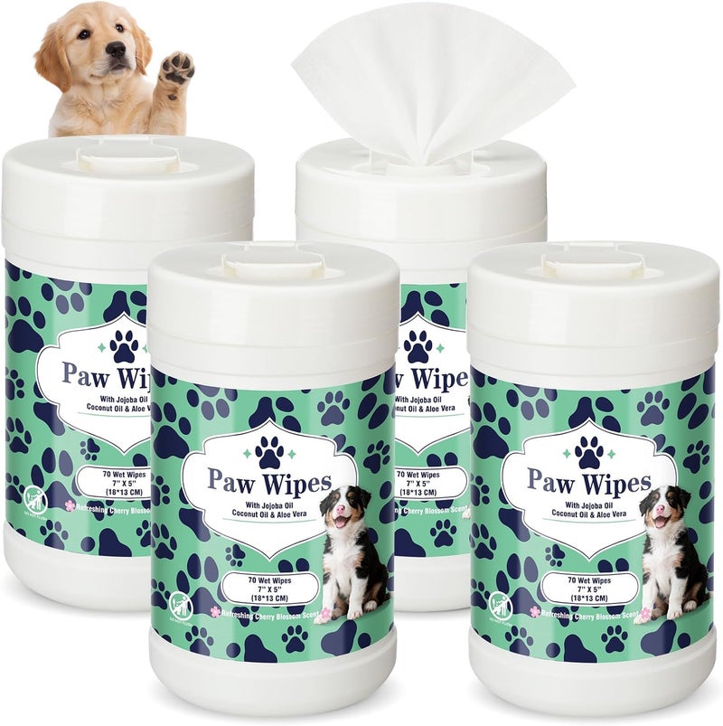 Dimsile 4 Pack Dog Wipes for Paws 5 x 7 Inches Ultra Soft Cotton with Cherry Blossom Scent Gentle Cleansing Pet Wipes for Fresh Smelling Dog After Walks, 280 Per Total - Image 1