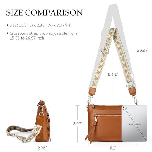 befen حقائب كروس بودي جلدية أصلية للنساء من بيفن، حقيبة كتف جلدية ناعمة صغيرة، كروس بودي للنساء، حقائب يد كروس أوفر سوداء مع حزام جيتار عريض قابل للتعديل، بني كوجناك - Image 4