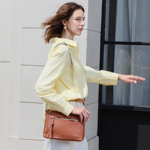 befen حقائب كروس بودي جلدية أصلية للنساء من بيفن، حقيبة كتف جلدية ناعمة صغيرة، كروس بودي للنساء، حقائب يد كروس أوفر سوداء مع حزام جيتار عريض قابل للتعديل، بني كوجناك - Image 2