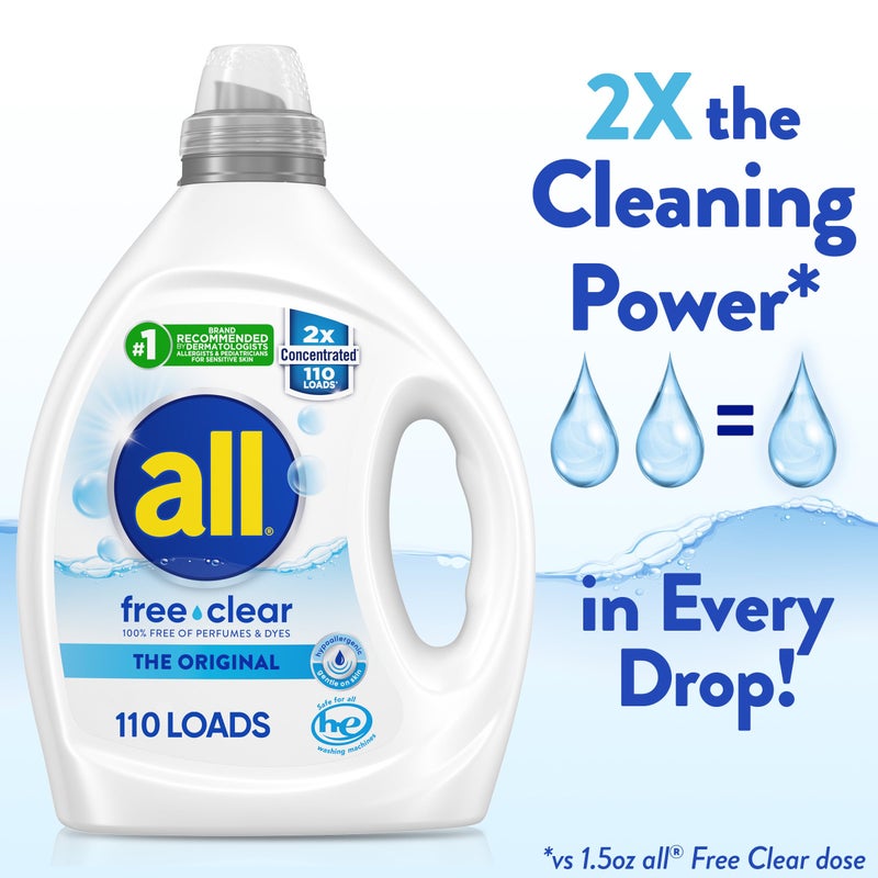all free clear, Original, Liquid Laundry Detergent for Sensitive Skin, Unscented and Hypoallergenic, Concentrated, 82.5oz, 110 Loads - Image 3