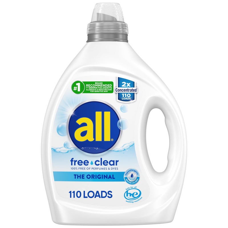 all free clear, Original, Liquid Laundry Detergent for Sensitive Skin, Unscented and Hypoallergenic, Concentrated, 82.5oz, 110 Loads - Image 1