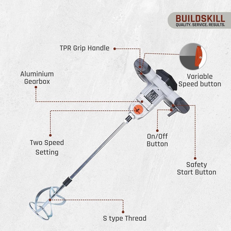 BUILDSKILL BUILDSKILL 1400w concrete mixer machine dual variable speed up to 1010RPM 140mm chrome finish stirrer highperformance copper motor safe durable mixing solution for plaster concrete paint - Image 2