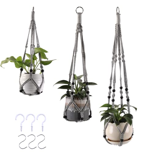 MKO SHUN 3Pack Macrame Plant Hanger Indoor Hanging Planter Basket for Indoor Outdoor Decorative Boho Plant Holders Set with Beads Ceiling Flower Pot Holder with 6 Hooks 353024 Gray - Image 1