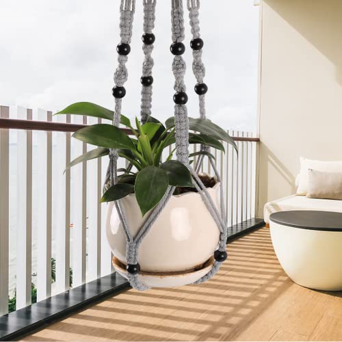 MKO SHUN 3Pack Macrame Plant Hanger Indoor Hanging Planter Basket for Indoor Outdoor Decorative Boho Plant Holders Set with Beads Ceiling Flower Pot Holder with 6 Hooks 353024 Gray - Image 3