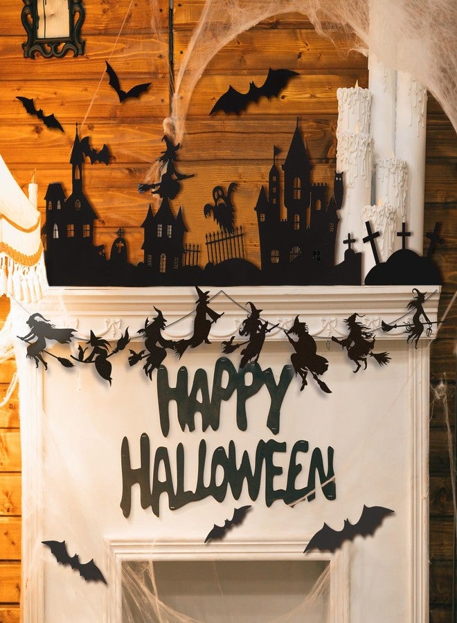 Watersay Halloween Mantle Decorations Indoor Halloween Tabletop Centerpieces Cemetery Witches Banner Garland Bats Black Window Stickers Haunted House Silhouette Halloween Scene Decoration - Image 4
