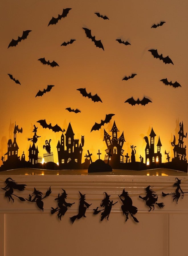 Watersay Halloween Mantle Decorations Indoor Halloween Tabletop Centerpieces Cemetery Witches Banner Garland Bats Black Window Stickers Haunted House Silhouette Halloween Scene Decoration - Image 1