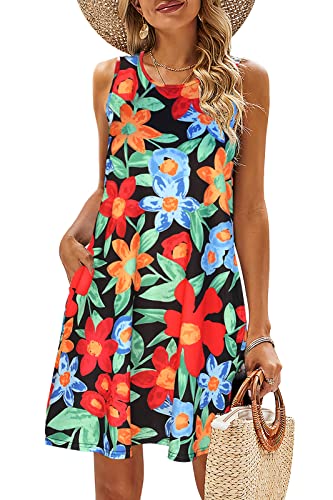 SimpleFun Summer Dresses for Women Floral Sleeveless Swing Sun Dress Juniors Vacation Clothes Black,XXL - Image 1