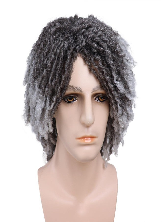 GNIMEGIL Gray Ombre Dreadlocks Wigs for Men Braided Wig Medium Length Afro Braids Hairstyle Fake Dreads Wig with Bangs in Synthetic Hair Graident Grey Color 14 inch - Image 2