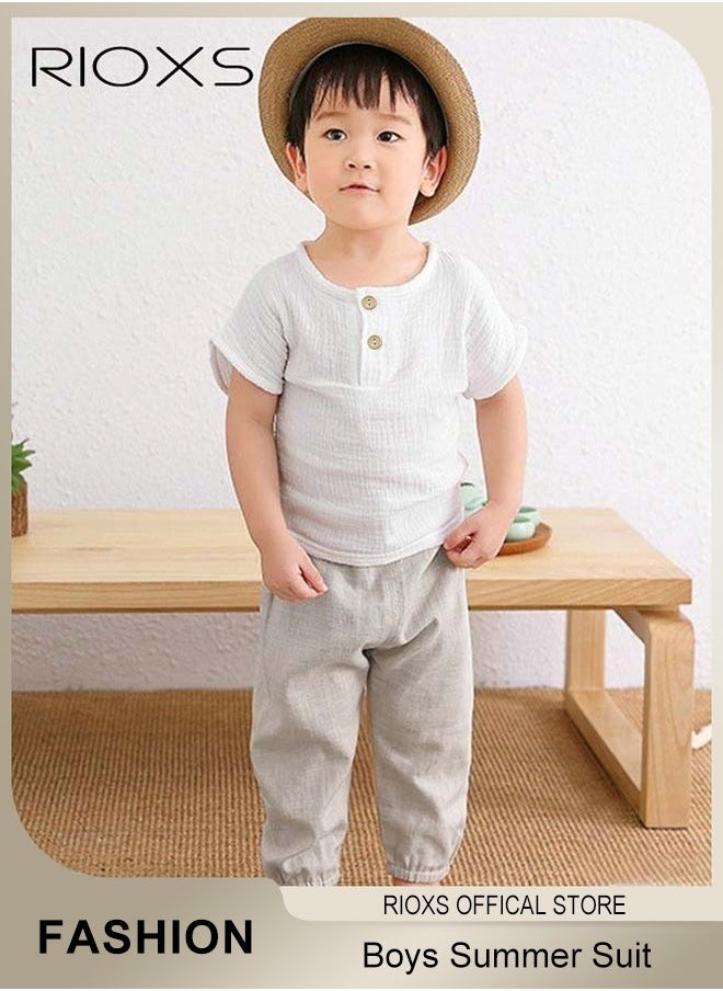 RIOXS - 2PCS T-Shirt and Pants Set, Short Sleeved Cotton Shirt and Linen-cotton Pants, Fashionable Outfit for Toddlers, Comfortable Skin-friendly Summer Suit for Kids, Suitable for Daily Wear, Home Wear or Photography Dressing - Image 1