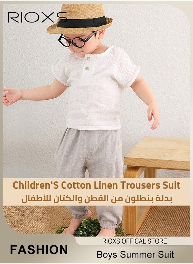RIOXS - 2PCS T-Shirt and Pants Set, Short Sleeved Cotton Shirt and Linen-cotton Pants, Fashionable Outfit for Toddlers, Comfortable Skin-friendly Summer Suit for Kids, Suitable for Daily Wear, Home Wear or Photography Dressing - Image 1