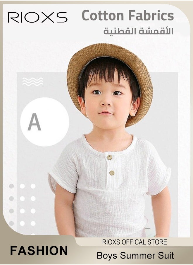 RIOXS - 2PCS T-Shirt and Pants Set, Short Sleeved Cotton Shirt and Linen-cotton Pants, Fashionable Outfit for Toddlers, Comfortable Skin-friendly Summer Suit for Kids, Suitable for Daily Wear, Home Wear or Photography Dressing - Image 1