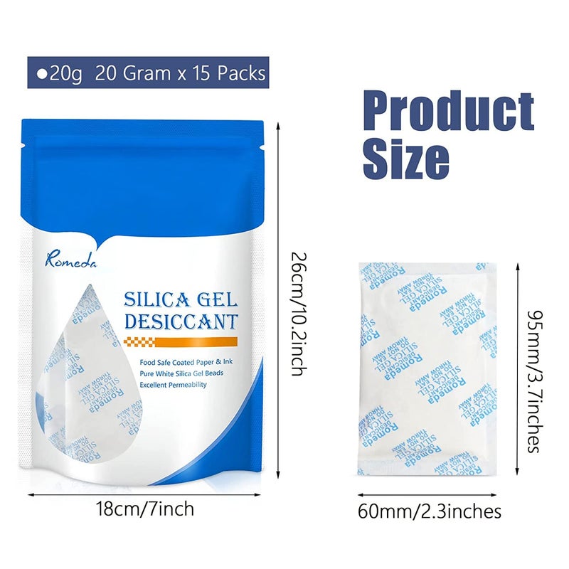 Romeda 15 Pcs 20 Gram Silica Gel Packs, Transparent Desiccant, Desiccant Packets for Storage, Moisture Packs for Spices Jewelry Shoes Boxes Electronics Storage - Image 2