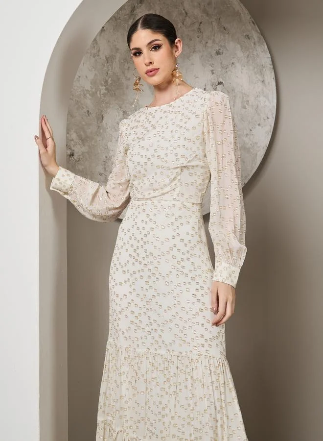 Styli Textured Dobby Balloon Sleeve Tiered Maxi Dress