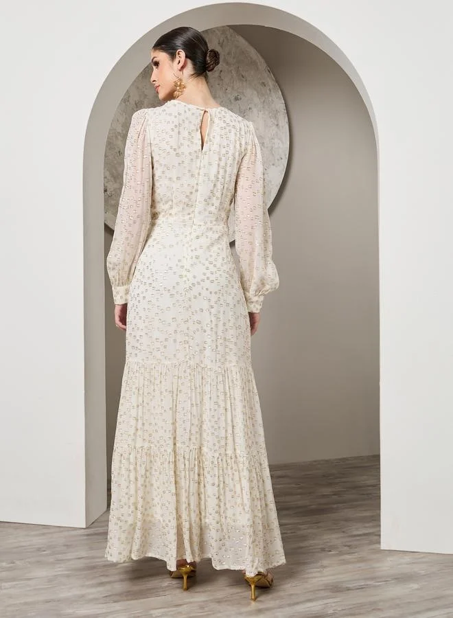 Styli Textured Dobby Balloon Sleeve Tiered Maxi Dress