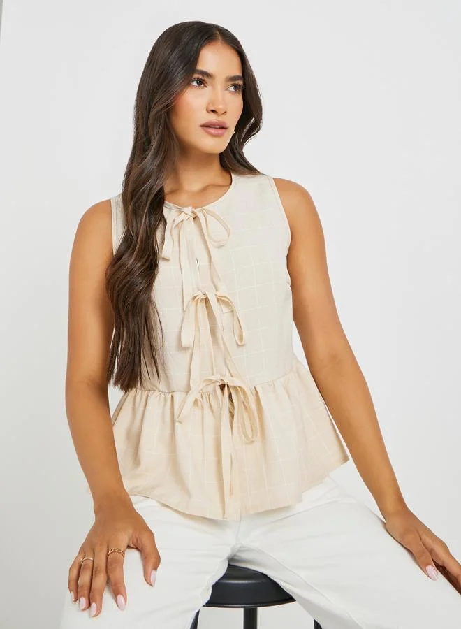 Styli Checked Sleeveless Top with Tie-Up Detail