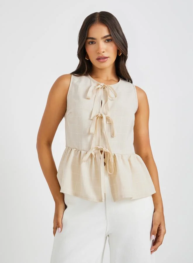 Styli Checked Sleeveless Top with Tie-Up Detail