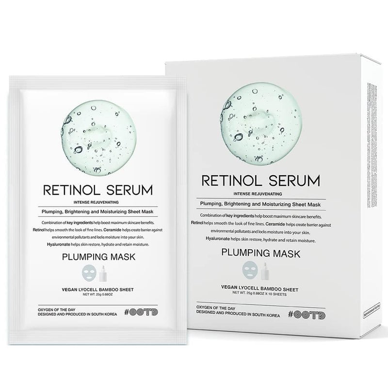 Rejuvenating Retinol Sheet Mask Korean Vegan Wrinkle Lifting Plumping and Moisturizing Sheet Mask Retinol Ceramide Hyaluronate 10EA