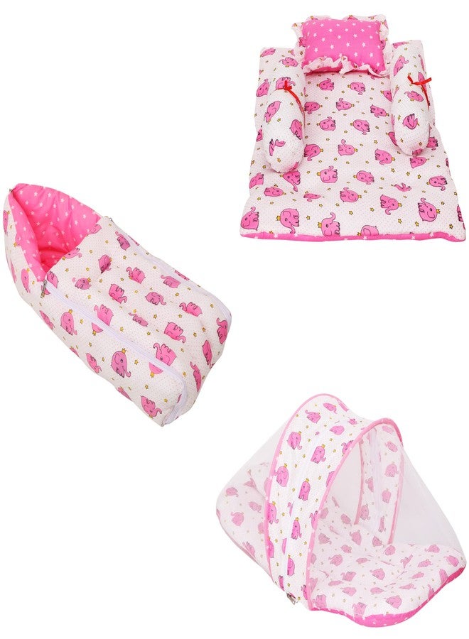 AMARDEEP and Co Combo of Baby Bed with Net | Carry Bag | 4 Pcs Bedding Set(0-6 Months) (Cute Elephants Pink) - Image 1