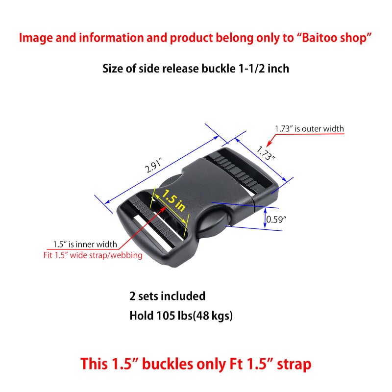 Baitoo Quick Side Release Buckles 1 1/2 inch Heavy Duty Plastic Buckle Clips 1.5" Belt Snap Buckle Clasp Backpack Buckle Replacement for Strap 1.5 inch (1.5inch(38mm)-2 Sets) - Image 2