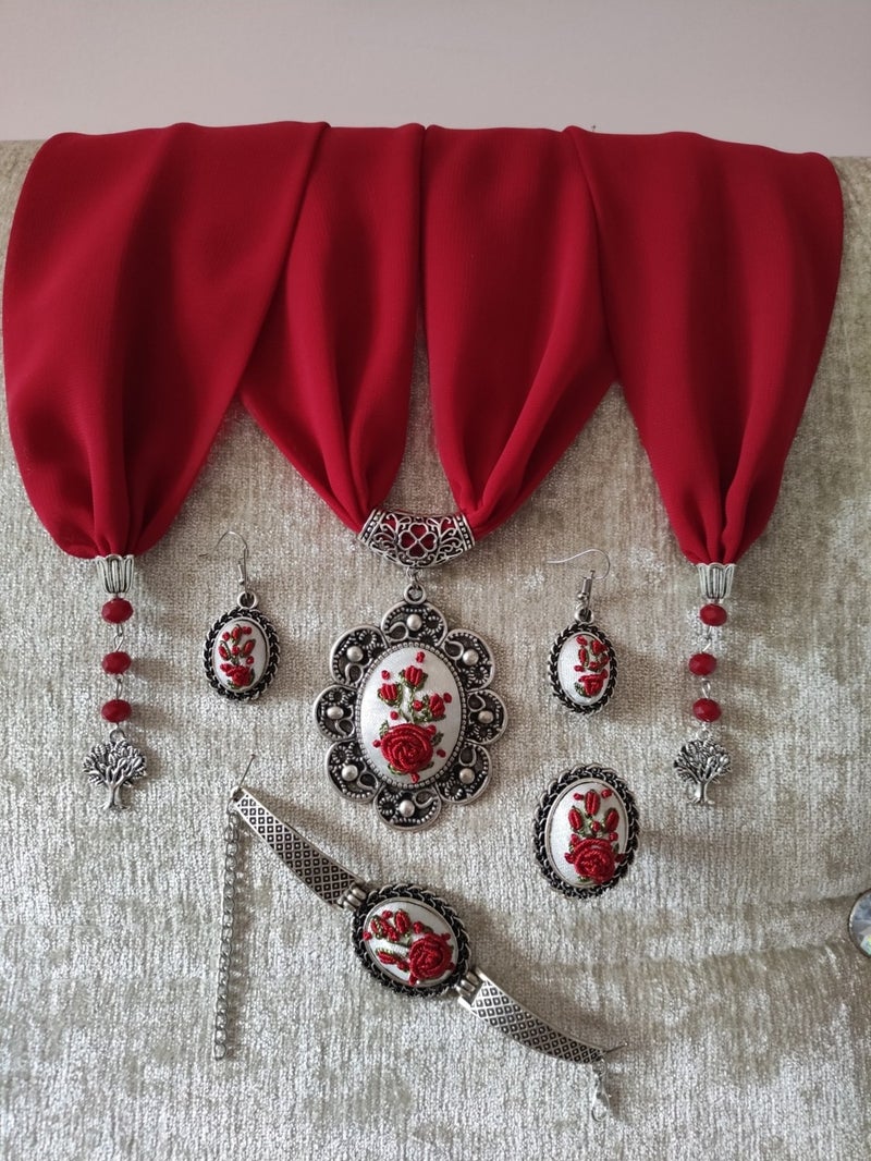 Adil Store Scarf and Jewelry Set Adilstore Brazilian Embroidery ( Rococo ) Scarf, Bracelet, Ring and Earring Set 