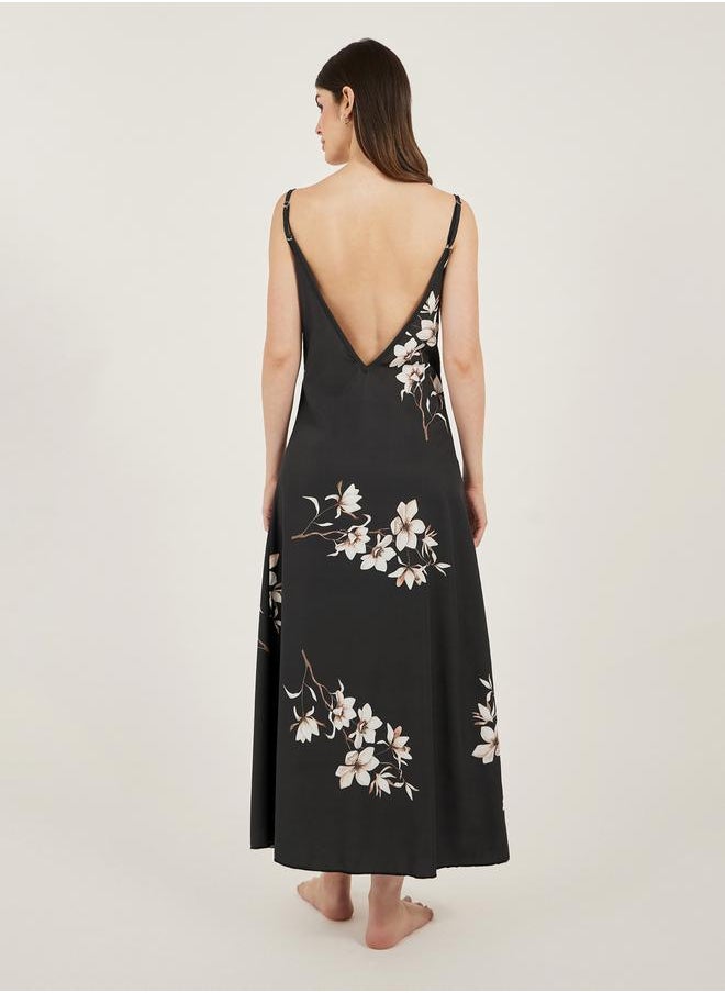 Styli Floral Print Cowl Neck Satin Slip Dress with Deep V Back  - Image 4