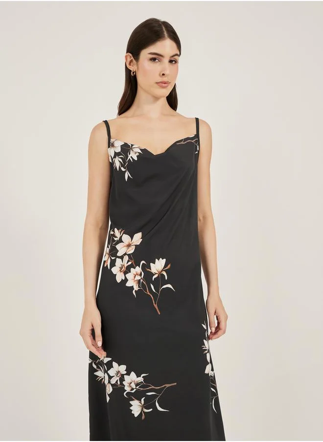 Styli Floral Print Cowl Neck Satin Slip Dress with Deep V Back