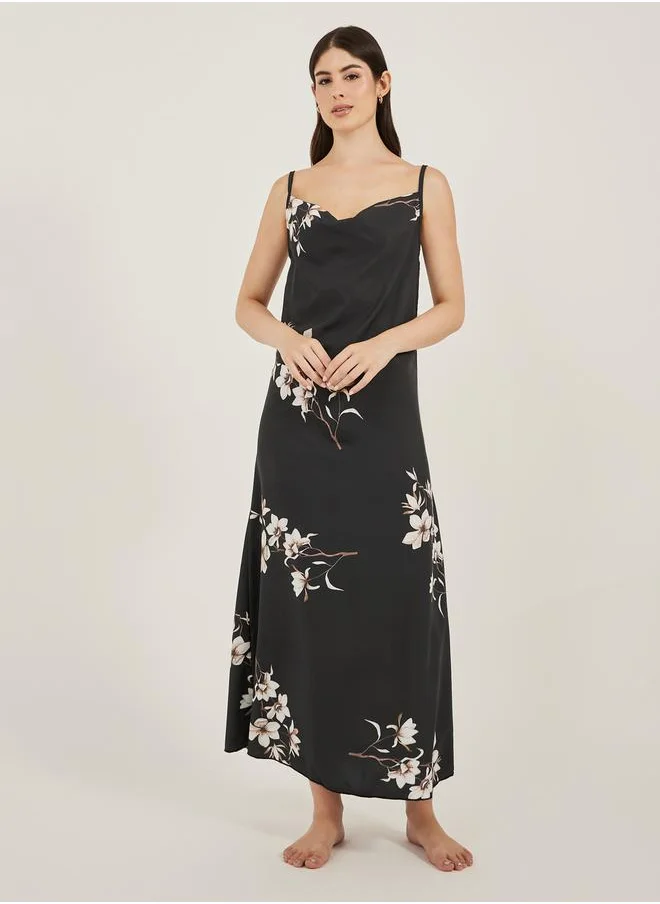 Styli Floral Print Cowl Neck Satin Slip Dress with Deep V Back