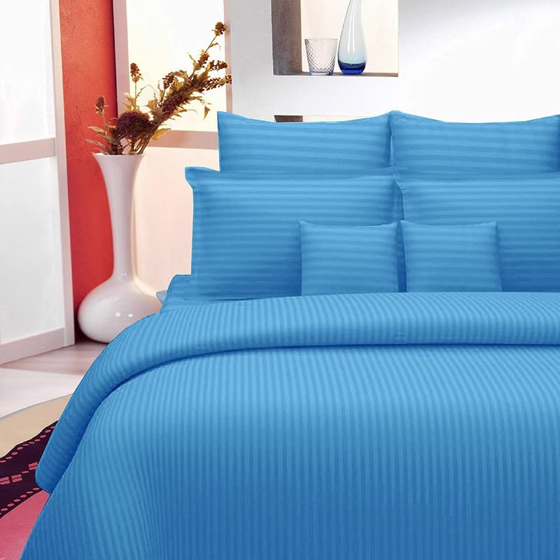 Hardeep 300TC Glace Cotton Plain Stripe Queen Size Double Bedsheet with 2 Pillow Cover for Home, Hotel, Guest Room (90 X 100) Inch Blue, Pack 1 - Image 1