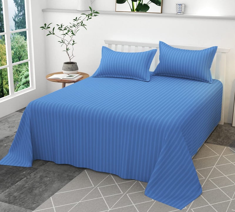 Hardeep 300TC Glace Cotton Plain Stripe Queen Size Double Bedsheet with 2 Pillow Cover for Home, Hotel, Guest Room (90 X 100) Inch Blue, Pack 1 - Image 2