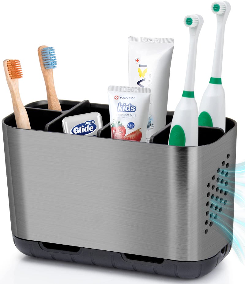 Boperzi Toothbrush and Toothpaste Holder Brushed Nickel Drainage for Bathroom Vanity Large Electric Toothbrush Storage Caddy AntiSlip Rustic with Adjustable Dividers for Family Kids