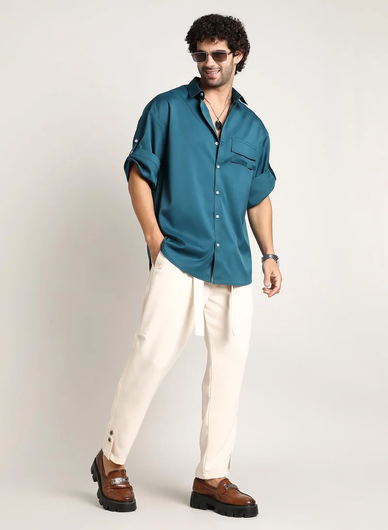 Campus Sutra Campus Sutra Men's Teal Green Satin-Utility Oversized Shirt For Casual Wear | Spread Collar | Short Regular Sleeves | Button Closure | Oversized Shirt Crafted With Comfort Fit For Everyday Wear