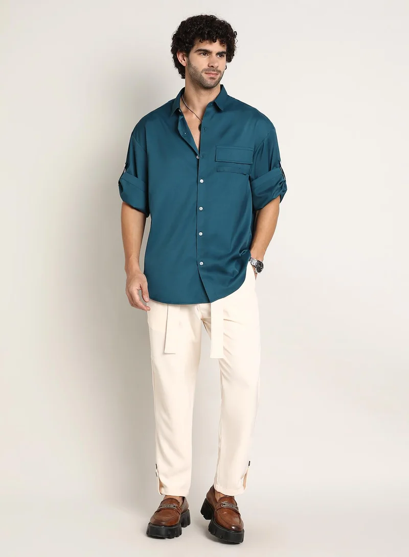 Campus Sutra Campus Sutra Men's Teal Green Satin-Utility Oversized Shirt For Casual Wear | Spread Collar | Short Regular Sleeves | Button Closure | Oversized Shirt Crafted With Comfort Fit For Everyday Wear