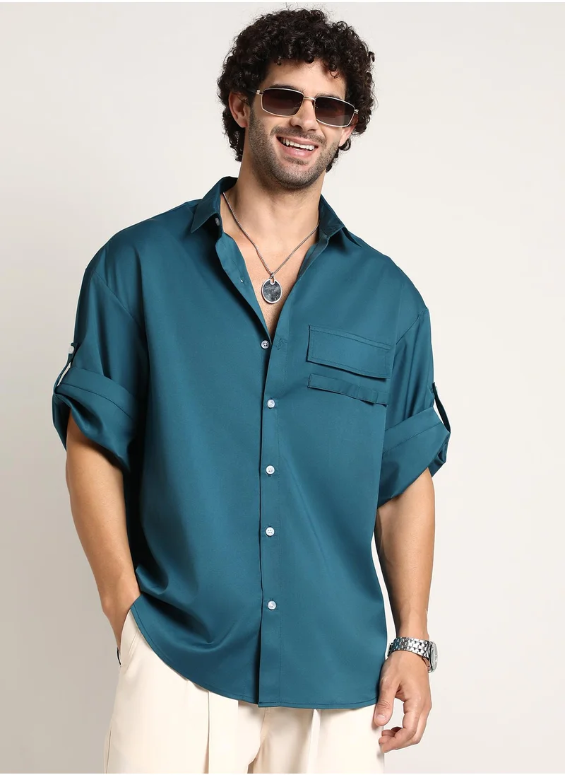 Campus Sutra Men's Teal Green Satin-Utility Oversized Shirt