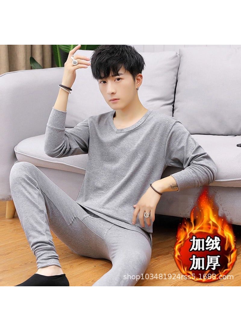 Generic Mens Winter Fleece-Lined Thermal Underwear Set V-Neck V-neck gray velvet suit 