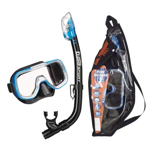 TUSA Sport Youth Mini-Kleio Mask and Dry Snorkel Combo Set, Black/Fishtail Blue, (UC-2022P-BKFB) - Image 1
