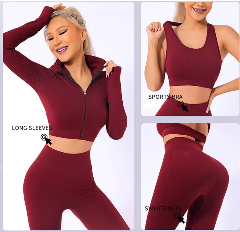 Veriliss Women's 3pcs Seamless Outfits Workout Sets,Gym Clothes Yoga Sportswear Leggings and Stretch Sports Bra Gym jumpsuits Clothes Set (Red,S) - Image 3
