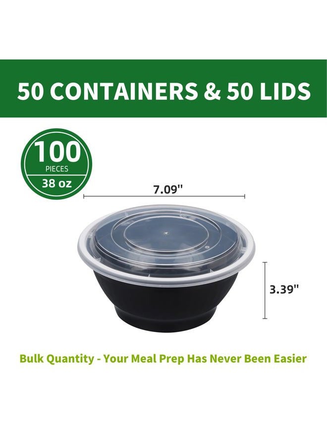 Apsic Meal Prep Bowls Containers, 50 Sets 38oz (100-Piece) Plastic Bowls with Lids for Soup Salad, Disposable To Go Food Storage Container, Round Lunch Box, BPA Free, Microwave/Dishwasher/Freezer Safe - Image 2